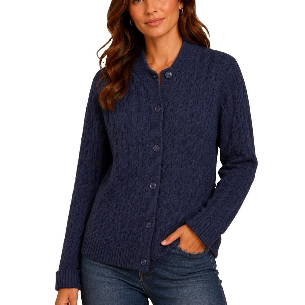 LL Bean Navy Blue Cable Knit Cotton Button Up Cardigan Sweater Size XL